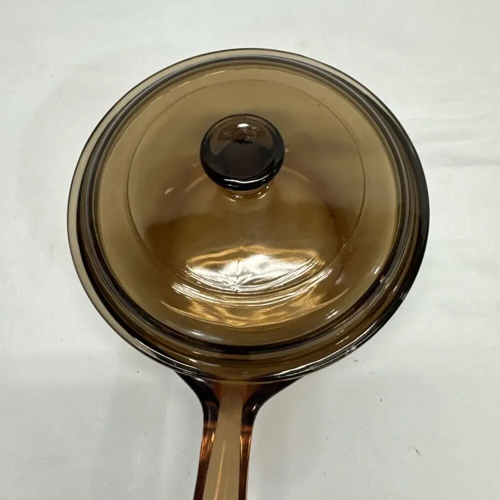 Vintage Vision Corning Ware Amber Brown 0.5 L Sauce Pan Pot With Pyrex Lid USA